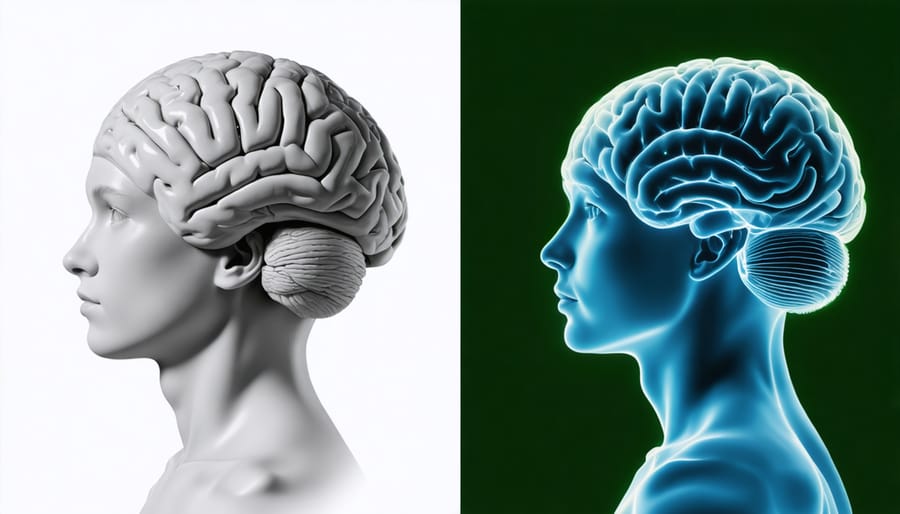 Side profile comparison showing younger and older adult representing different brain development stages