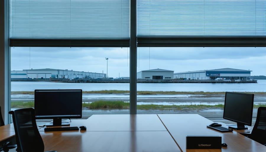 View from a bank office toward a coastal warehouse district with rising tide approaching, loan officer silhouette and blurred monitors in foreground, overcast light, subtle tech-like reflections implying AI analysis.
