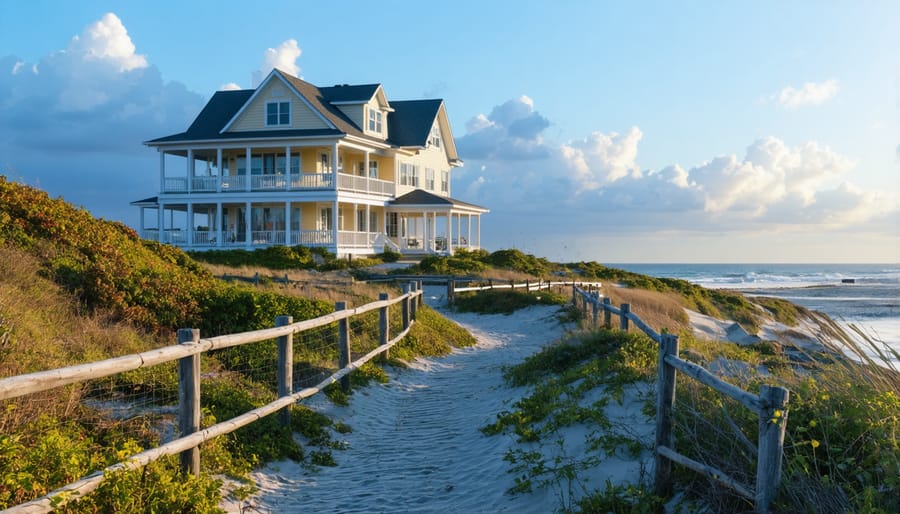 Coastal home near ocean waves illustrating climate risk in lending decisions