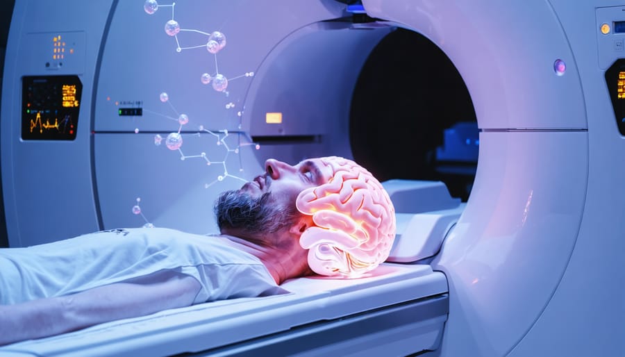 Adult patient entering an fMRI scanner with a semi-transparent glowing brain overlay and subtle molecular spheres, clinical MRI suite softly blurred in the background.