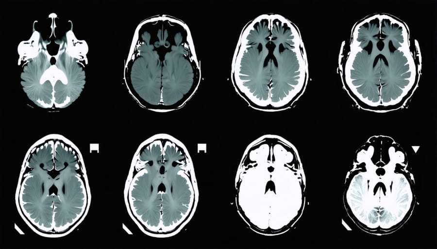 Researcher examining brain scan images on medical monitors in laboratory