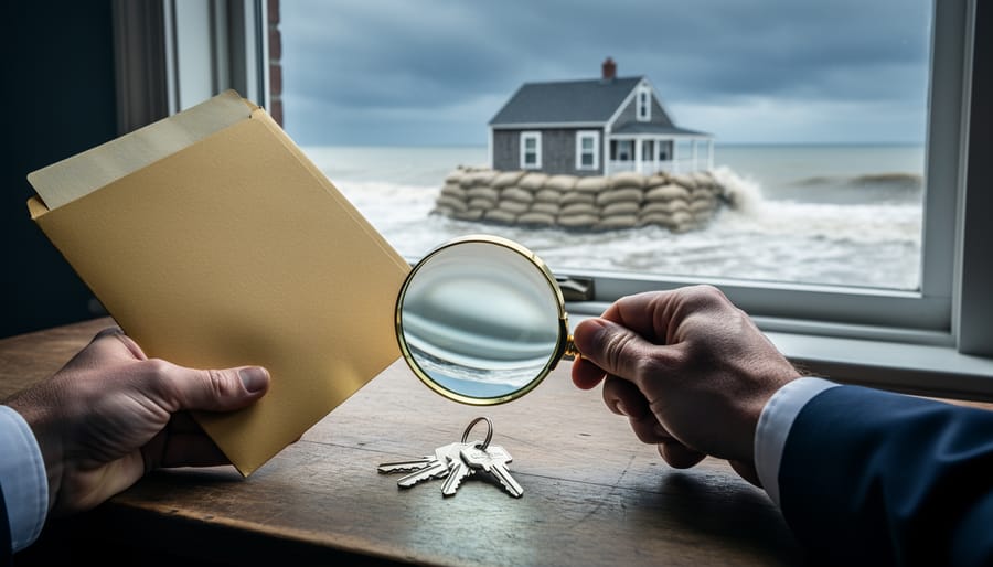Executor’s hands with a folder and magnifying glass over house keys on a wooden table, with a coastal cottage, sandbags, and an encroaching tide under storm clouds visible through the window.