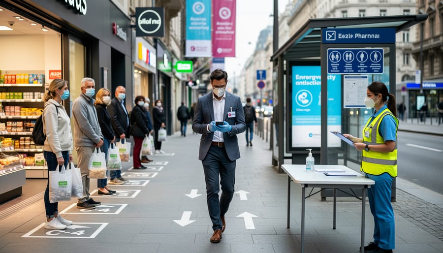 People maintaining distance while walking on city sidewalk during pandemic protocols