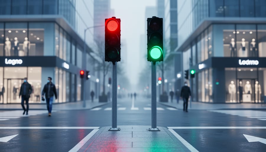 Urban intersection with two adjacent traffic lights, one glowing red and the other green, wet pavement reflections, masked pedestrians and storefronts softly blurred in the background, symbolizing alternating lockdown and reopening cycles