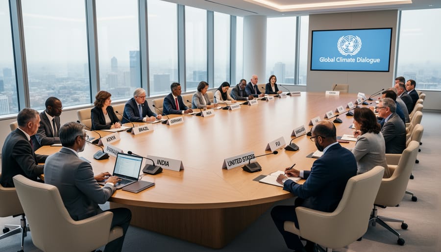 Empty conference room with flags along the walls suggesting an upcoming international climate meeting.