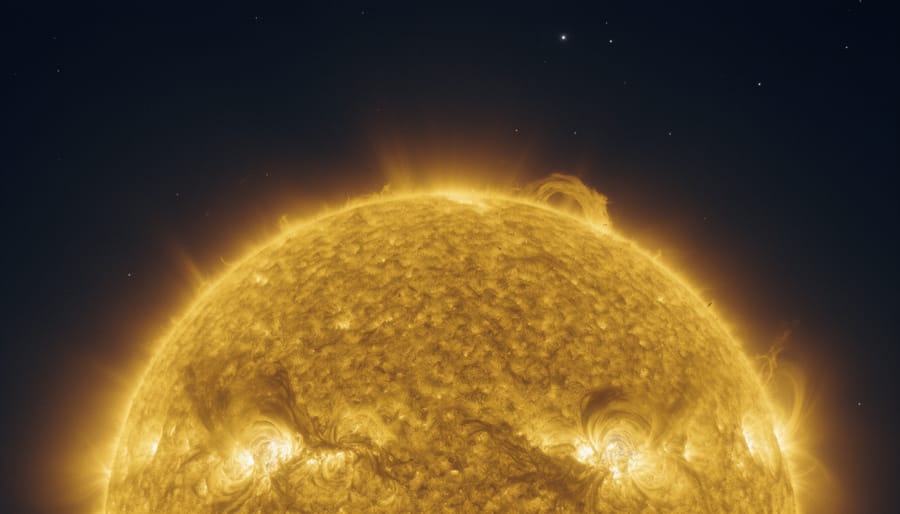 The Sun glowing brightly at the edge of space, radiating warm light with faint distant stars in the background.