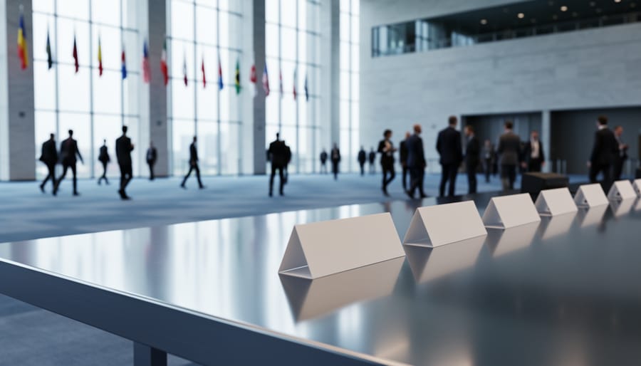 International conference hall interior with blurred delegate silhouettes and flags, suggesting a UN climate change conference atmosphere.