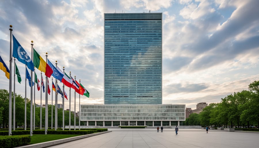 Wide view of the United Nations headquarters exterior during dusk lighting.
